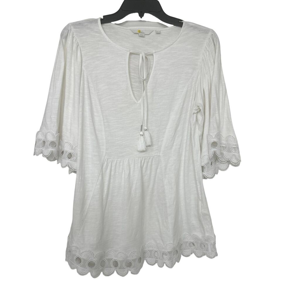 Boden White Cotton Cottage Boho Top Eyelet Lace Trim Tassel Tie US 6 Feminine